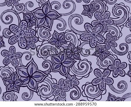 hand drawn flower pattern marker art on purple background, swirls and curl line design elements and fine detailed hatchwork, star shaped flowers and scalloped leaf designs