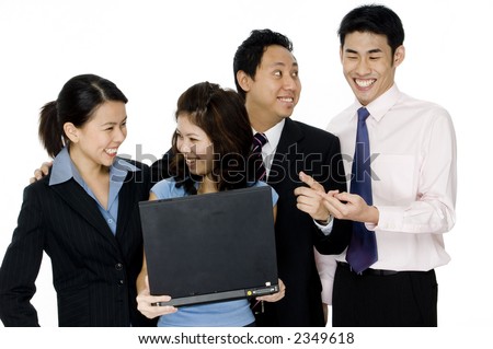 A group of four young asian businesswomen and businessmen on white background