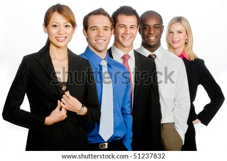 A group of young, attractive and diverse business professionals in formal wear standing together on white background