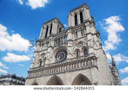 Notre Dame Cathedral, Paris, France. Main facade view. Famous Paris tourist attraction