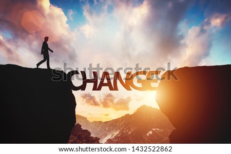 Man walking on the other side of mountain on change letters being a bridge. Concept of hope, positive decision. 3D illustration Photo stock © 
