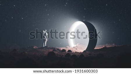 Astronaut on foreign planet in front of spacetime portal light. Science fiction universe exploration. 3D render