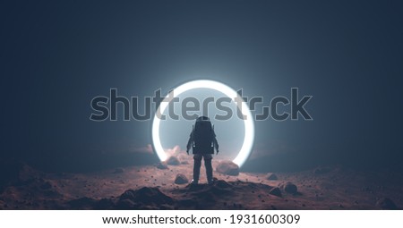 Astronaut on foreign planet in front of spacetime portal light. Science fiction universe exploration. 3D render