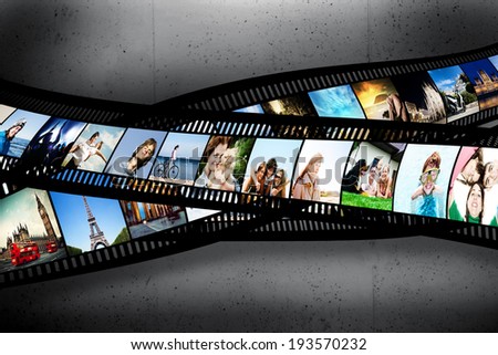 Film strip with colorful, vibrant photographs on grunge wall. Various themes. All pictures used are mine
