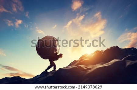 Man carrying haeavy stone, boulder uphill. Strong motivation, effort and struggle 3d render Stock foto © 