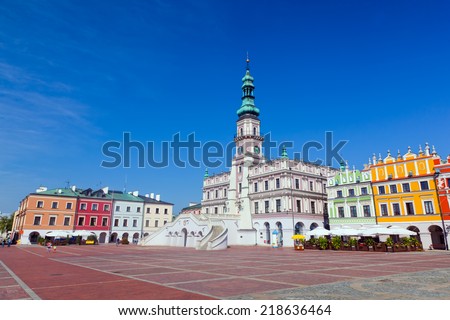 Zamosc, Poland. Historic buildings with the town hall in the Great Market. Panorama view.