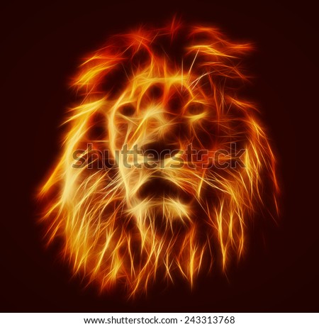 Abstract, artistic lion portrait. Fire flames fur, black background. Big adult lion with rich mane.