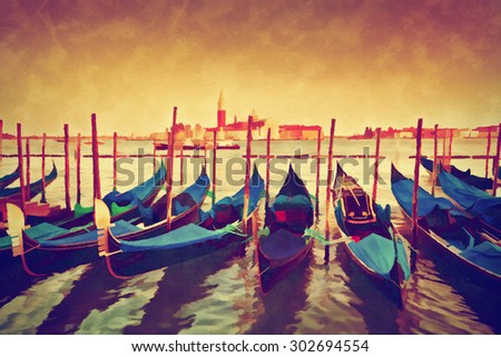 Vintage painting of Venice, Italy. Gondolas on Grand Canal at sunset. San Giorgio Maggiore in the background