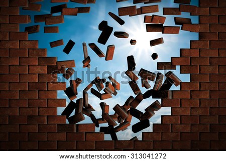 Brick wall falling down making a hole to sunny sky outside. Concept of new better world, break the stumbling block