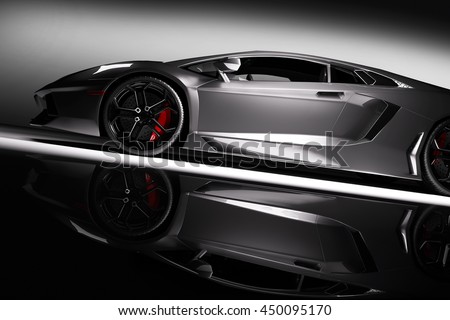 Grey fast sports car in spotlight, black background. Shiny, new, luxurious. 3D rendering
