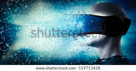 Into virtual reality world. Man wearing goggle headset. Future technology. 3D rendering 商業照片 © 