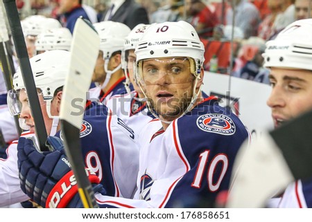 RALEIGH, NC - September 18, 2013: Columbus Blue Jackets right wing Marian Gaborik (10) during the NHL pre-season game