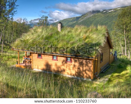Weekend home with a perfect turfed roof during summer time in the norwegian mountains with shadows and clouds in the background