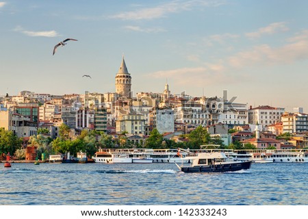 Cityscape with Galata Tower over the Golden Horn at sunset, Istanbul, Turkey