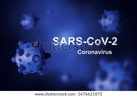 SARS-CoV-2 coronavirus poster, 3d illustration. Deadly corona virus under digital microscope, COVID-19 dark blue banner. Virology, delta and omicron variant, COVID19 info, tech and warning concept. Stok fotoğraf © 