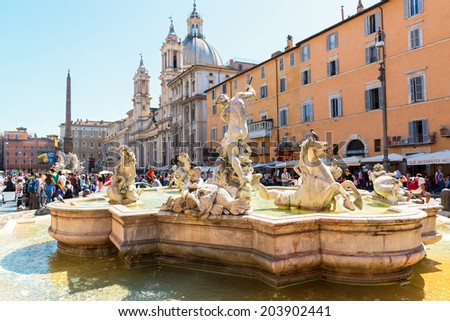 ROME, ITALY - MAY 9, 2014: Fountain of Neptune at the Piazza Navona. Piazza Navona is one of the main tourist attractions of Rome.