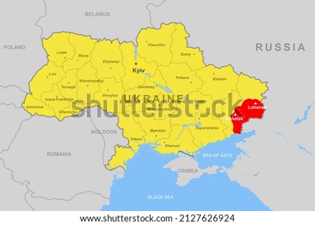 Ukraine on Europe map, Donetsk and Luhansk regions (Donbass or Donbas). Political outline map with Ukraine border, Crimea and Black Sea. Concept of Russia-Ukrainian war, conflict, crisis and map. Stock foto © 