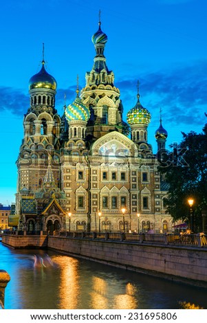 Church of the Savior on Spilled Blood (Cathedral of the Resurrection of Christ) at White Night in St. Petersburg, Russia. It is a landmark of city, and a unique monument to Alexander II the Liberator.