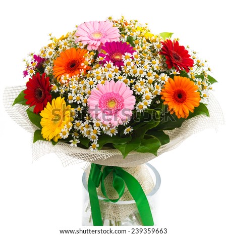 Bouquet of colorful gerberas and daisies isolated on white background