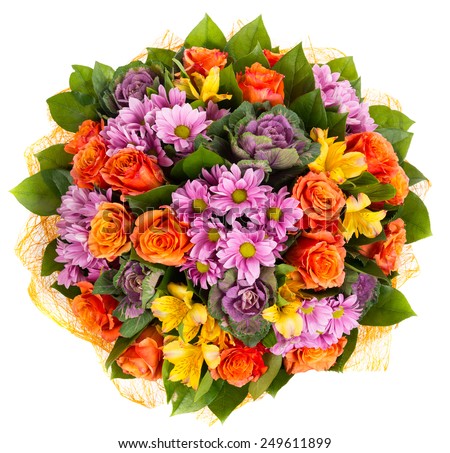 Colorful bouquet of orange roses and gerberas isolated on white background