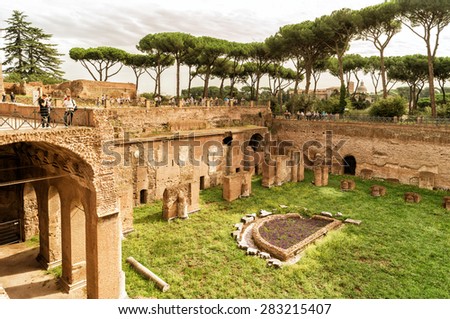 ROME, ITALY - OCTOBER 1, 2012: The ruins of the stadium of Domitian on the Palatine Hill. On Palatine Hill is a lot of ancient ruins, which attract many tourists.