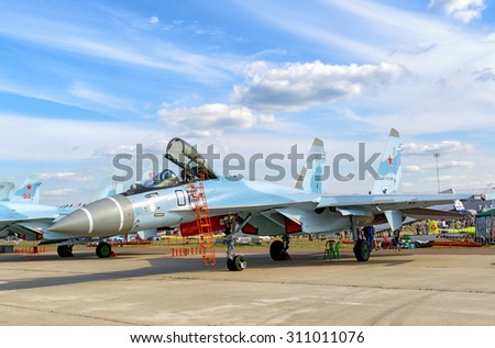 MOSCOW REGION - AUGUST 28, 2015: New Russian strike fighter Sukhoi Su-35 \