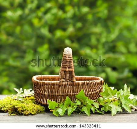 Background with empty basket for organic foods collage