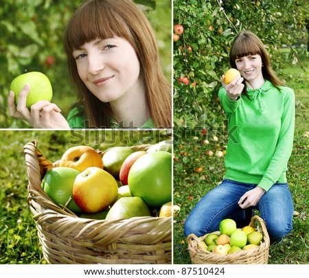 Collage: Young woman collecting apples