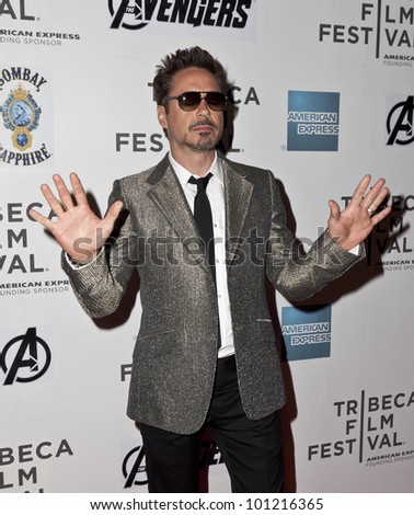 NEW YORK - APRIL 28: Actor Robert Downey Jr. attends \'Marvel\'s The Avengers\' Premiere during the 2012 Tribeca Film Festival at the Borough of Manhattan Community College on April 28, 2012 in NYC