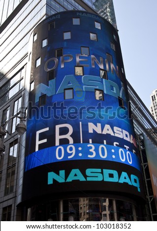 NEW YORK - MAY 18: Sign announcing opening Facebook IPO is flashed on a screen outside the NASDAQ stock exchange at the opening bell in Times Square on May 18, 2012 in New York City.