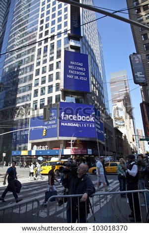 NEW YORK - MAY 18: Sign announcing Facebook IPO is flashed on a screen outside the Thomson Reuters building at the opening bell in Times Square on May 18, 2012 in New York City.