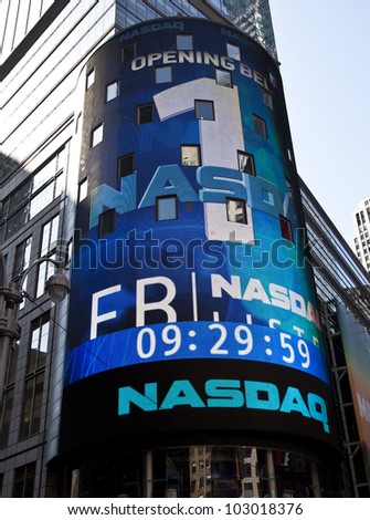 NEW YORK - MAY 18: Sign announcing 1 second before opening Facebook IPO is flashed on a screen outside the NASDAQ stock exchange at the opening bell in Times Square on May 18, 2012 in New York City.