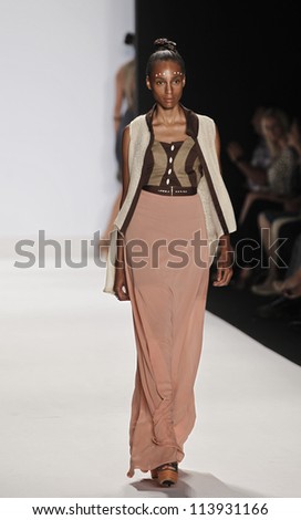 NEW YORK - SEPTEMBER 07: Model walks the runway for Project Runway Collection by Gunnar Deatherage during Spring/Summer 2013 at Mercedes-Benz Fashion Week on September 07, 2012 in New York