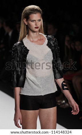 NEW YORK - SEPTEMBER 07: Model walks the runway for Project Runway Collection by Christopher Palu during Spring/Summer 2013 at Mercedes-Benz Fashion Week on September 07, 2012 in New York