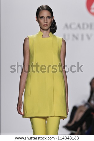 NEW YORK - SEPTEMBER 07: Model walks runway for Academy of Art University Collection by Ginie Huang during Spring/Summer 2013 at Mercedes-Benz Fashion Week on September 07, 2012 in New York