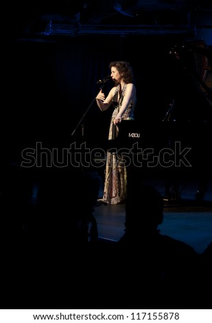 NEW YORK - OCTOBER 28: Pianist Angela Hewitt plays Bach\'s Goldberg Variations on stage in Le Poisson Rouge on October 28, 2012 in New York City