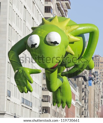 NEW YORK - NOVEMBER 22: Kermit the Frog balloon is flown at the 86th Annual Macy\'s Thanksgiving Day Parade on November 22, 2012 in New York City.
