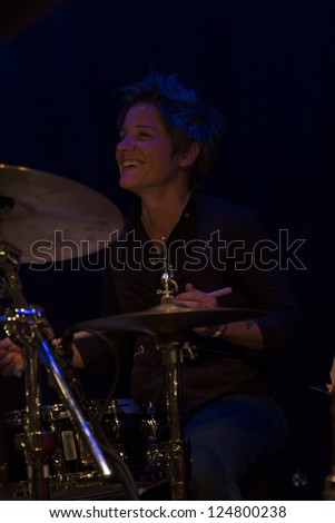 NEW YORK - JANUARY 12: Allison Miller drums performs with Celebrate Great Women of Blues and Jazz band on stage as part of NYC Winter Jazz Festival at Le Poisson Rouge on January 12, 2013 in New York