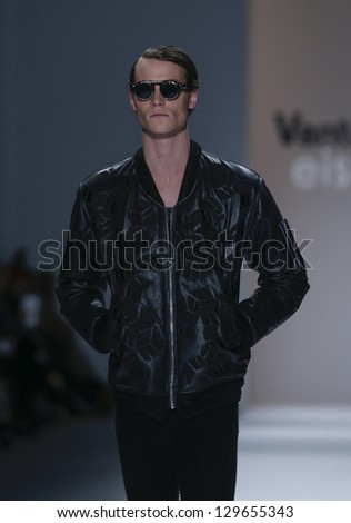 NEW YORK - FEBRUARY 12: Model walks runway during Fall/Winter 2013 presentation for Vantan Tokyo collection by Eisunoge at Mercedes-Benz Fashion Week at Lincoln Center on February 12, 2013 in New York