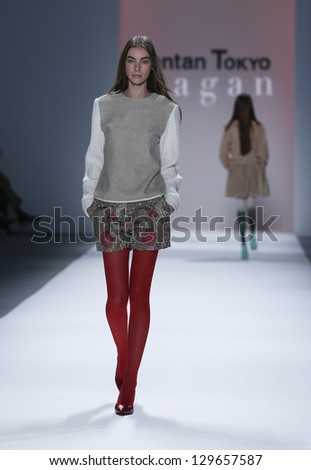 NEW YORK - FEBRUARY 12: Model walks runway during Fall/Winter 2013 presentation for Vantan Tokyo collection by Sagan at Mercedes-Benz Fashion Week at Lincoln Center on February 12, 2013 in New York