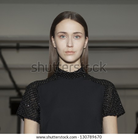 NEW YORK - FEBRUARY 10: Model shows off dress during Fall/Winter 2013 presentation for Catherine Malandrino collection at Mercedes-Benz Fashion Week at Center 548 on February 10, 2013 in New York