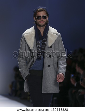NEW YORK - FEBRUARY 08: Model walks runway for Nautica collection by Chris Cox during Fall/Winter 2013 at Mercedes-Benz Fashion Week at Lincoln Center on February 8, 2013 in New York