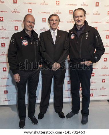 NEW YORK - JULY 10: Andre Borschberg, Bertrand Piccard, Francois Barras attend dinner to celebrate Solar Impulse plane arrival in NYC at Center 548 on July 10, 2013 in New York City.