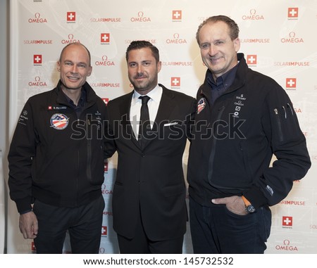 NEW YORK - JULY 10: Andre Borschberg, Bertrand Piccard,  Brice Le Troadec attend dinner to celebrate Solar Impulse plane arrival in NYC at Center 548 on July 10, 2013 in New York City.