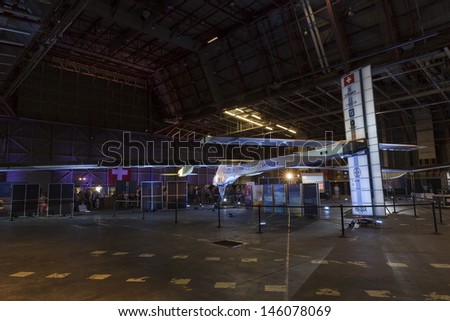 NEW YORK - JULY 13: Solar Impulse plane on display at hangar in John F.Kennedy airport on July 13, 2013 in New York City.