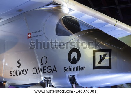 NEW YORK - JULY 13: Solar Impulse plane on display at hangar in John F.Kennedy airport on July 13, 2013 in New York City.