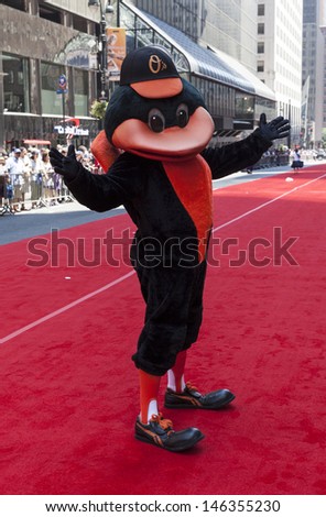NEW YORK - JULY 16: Baltimore Orioles mascot The Oriole Bird poses on red carpet during the MLB All-Star Game Red Carpet Show along 42nd street on July 16, 2013 in New York