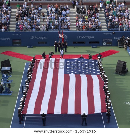 NEW YORK - SEPTEMBER 8: National anthem & flag presentaiton with National Guards at Serena Williams of USA versus Victoria Azarenka of Belarus final at USTA National Tennis Center on Sep 9 2013 in NYC