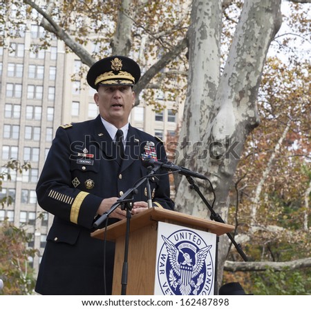 NEW YORK - NOVEMBER 11: General Odierno speaks at the 94th annual New York City Veterans Day Parade on 5th Avenue on November 11, 2013 in New York City