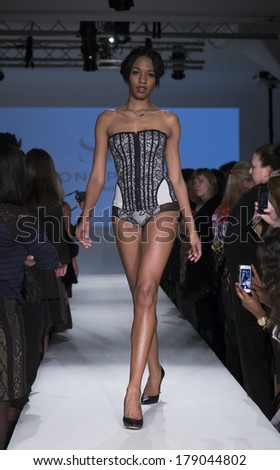NEW YORK, NY - FEBRUARY 24, 2014: Model walks runway for Lingerie fashion night IN show by Simone Perele during CurveExpo at Tribeca Skyline Studios